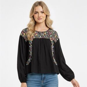 SAVANNA JANE Black Blouse with Multicolor Embroidery size small